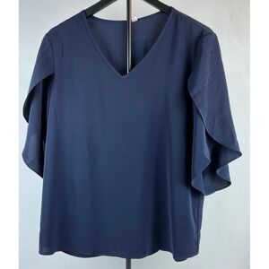 Asklazy‎ Women's Navy Blue V-Neck Ruffle Sleeve Blouse Top Elegant